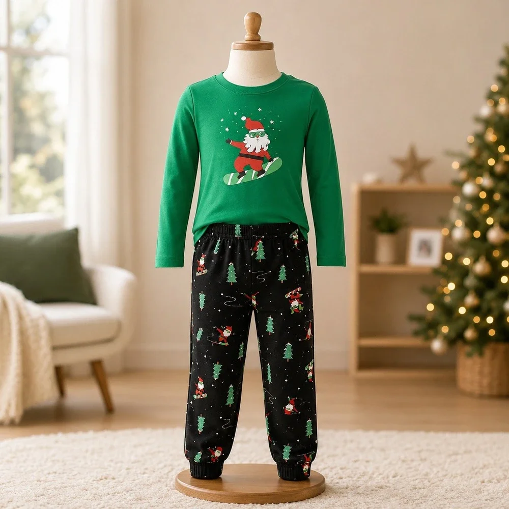 Jammies For Your Families  4 Christmas Pajama Set Santa Snowboard Green Black